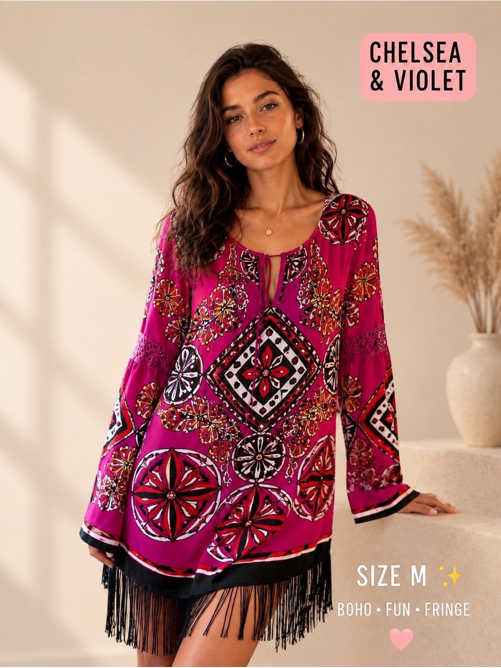Chelsea & Violet Fuchsia Geometric Boho Fringe Dress Size Medium Party Cocktail